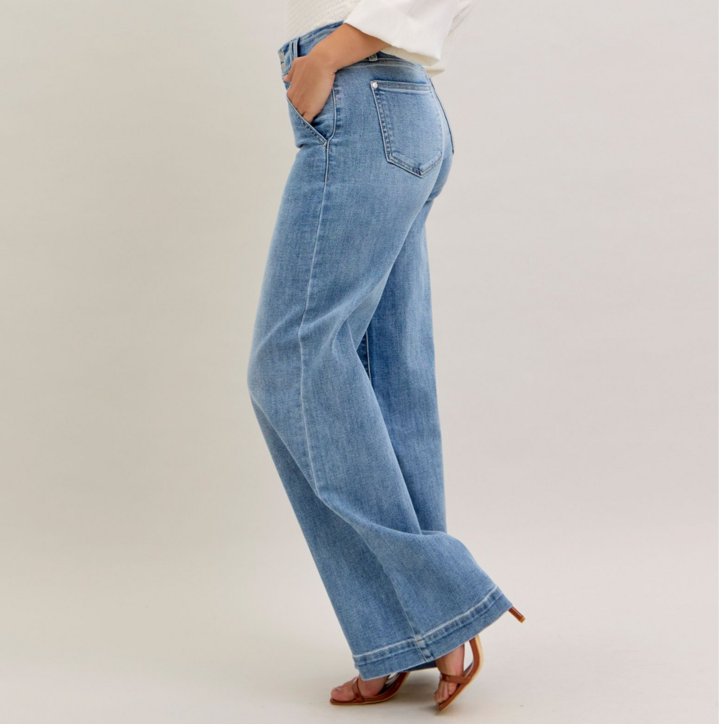 Judy Blue High Waist Light Wash Double Button Trouser Wide Leg Jeans