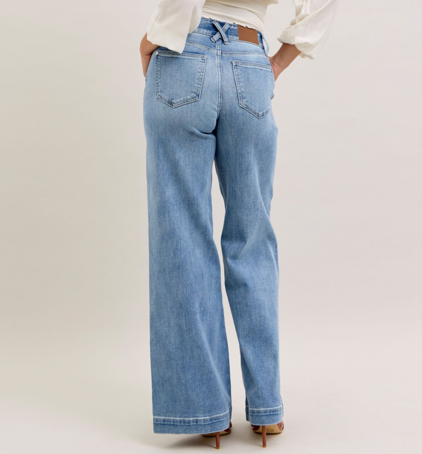 Judy Blue High Waist Light Wash Double Button Trouser Wide Leg Jeans