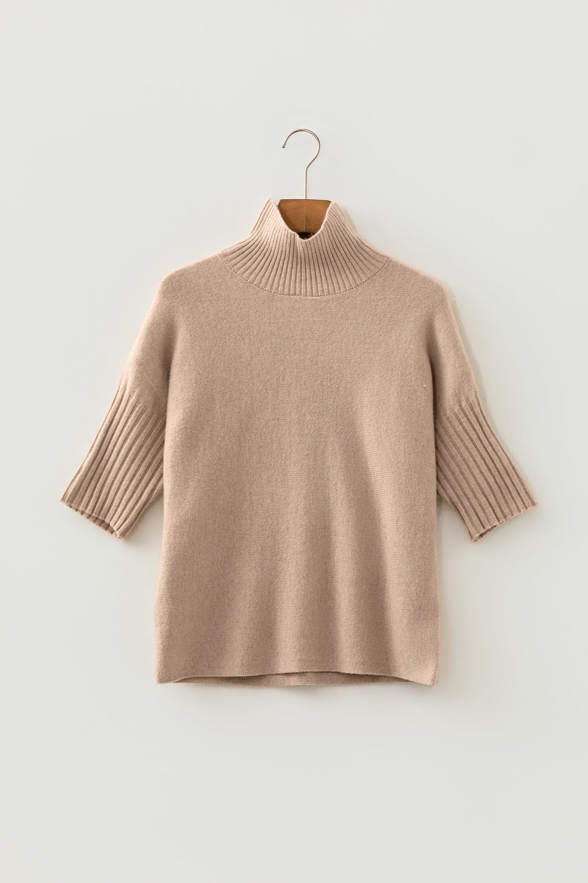 Beige Ribbed Trim High Neck Short Sleeve Casual Sweater