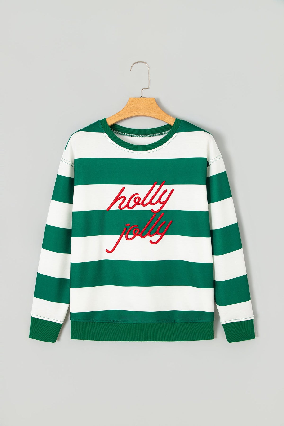 Green Stripe holly jolly Letter Embroidered Pullover Sweatshirt