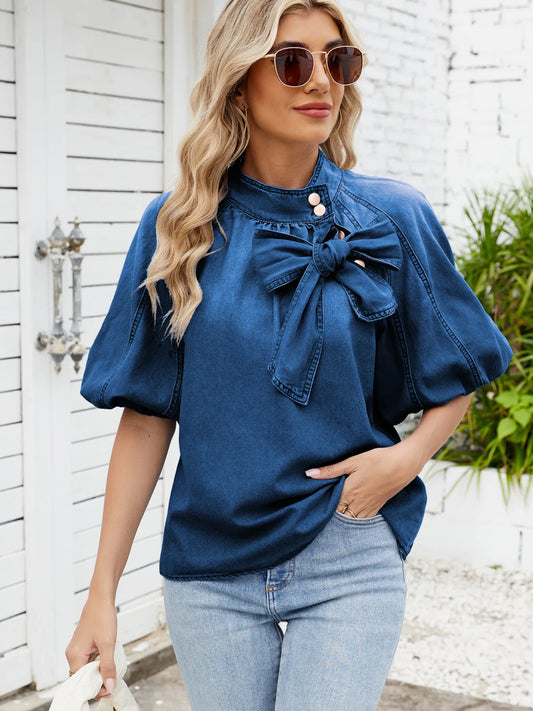 Denim Bow Tie Puff Sleeve Top