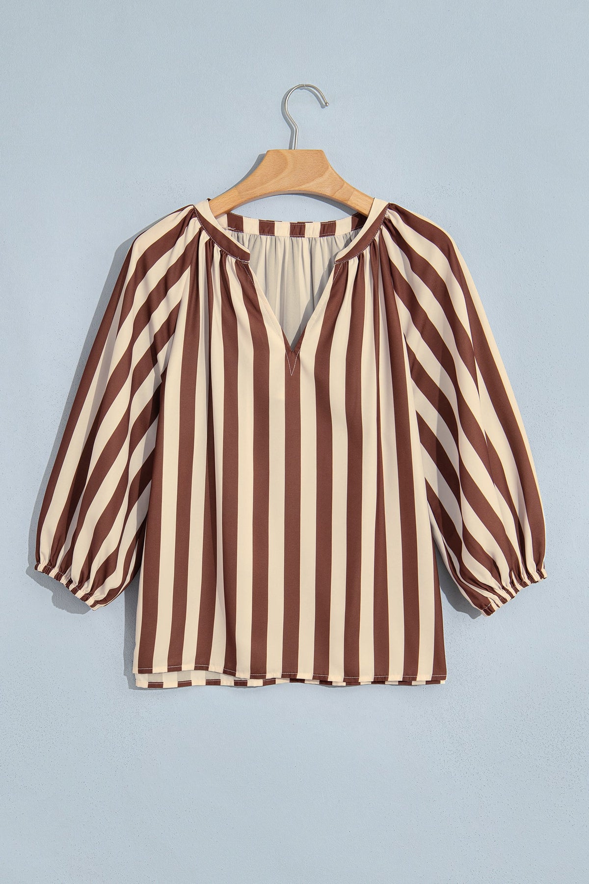 Brown Stripe V Neck Half Sleeve Casual Blouse