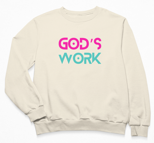 GOD'S WORK Crew Neck Sweater (Ivory,Hot Pink & Teal)