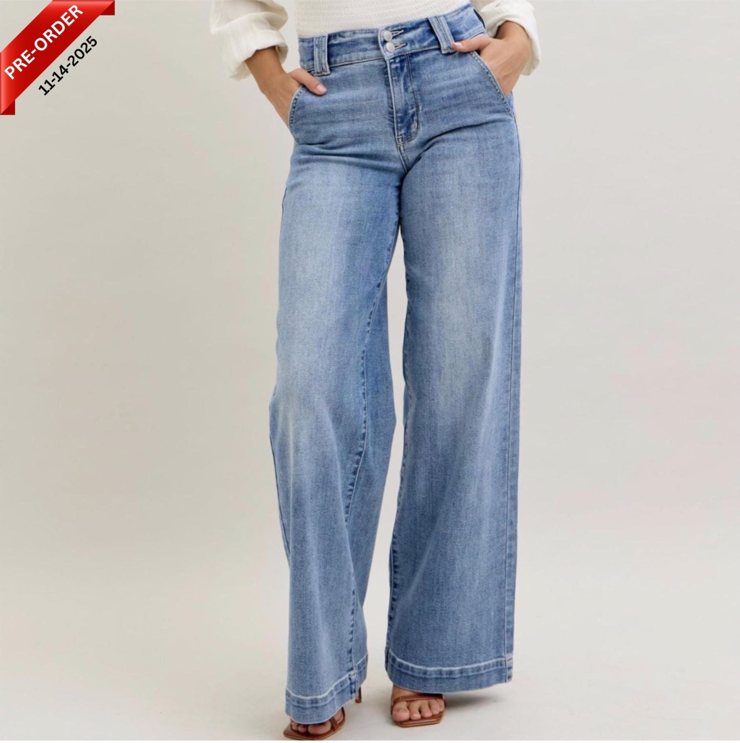 Judy Blue High Waist Light Wash Double Button Trouser Wide Leg Jeans