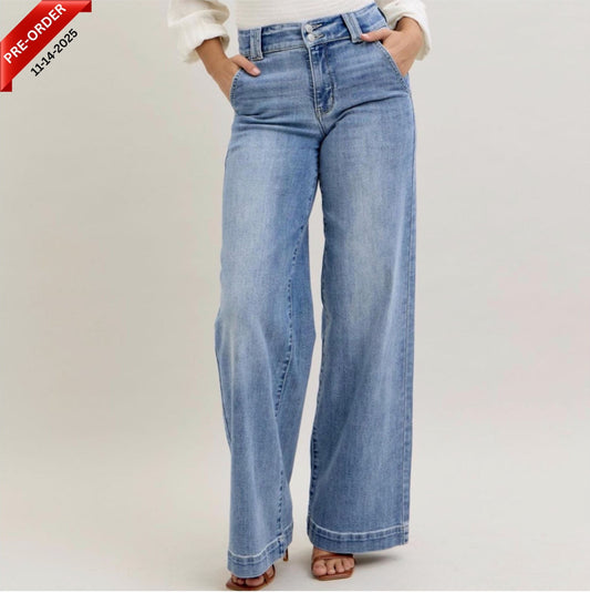 Judy Blue High Waist Light Wash Double Button Trouser Wide Leg Jeans