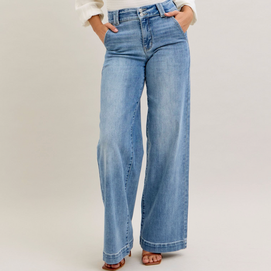 Judy Blue High Waist Light Wash Double Button Trouser Wide Leg Jeans