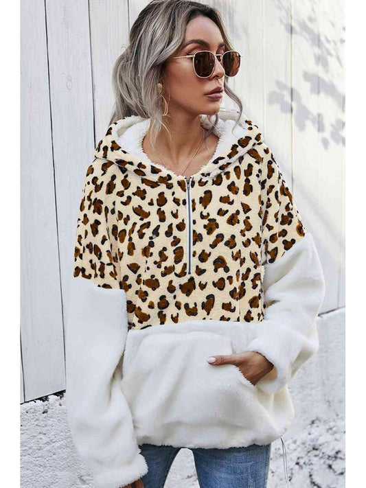 Women Leopard Half-Zip Dropped Shoulder Hoodie