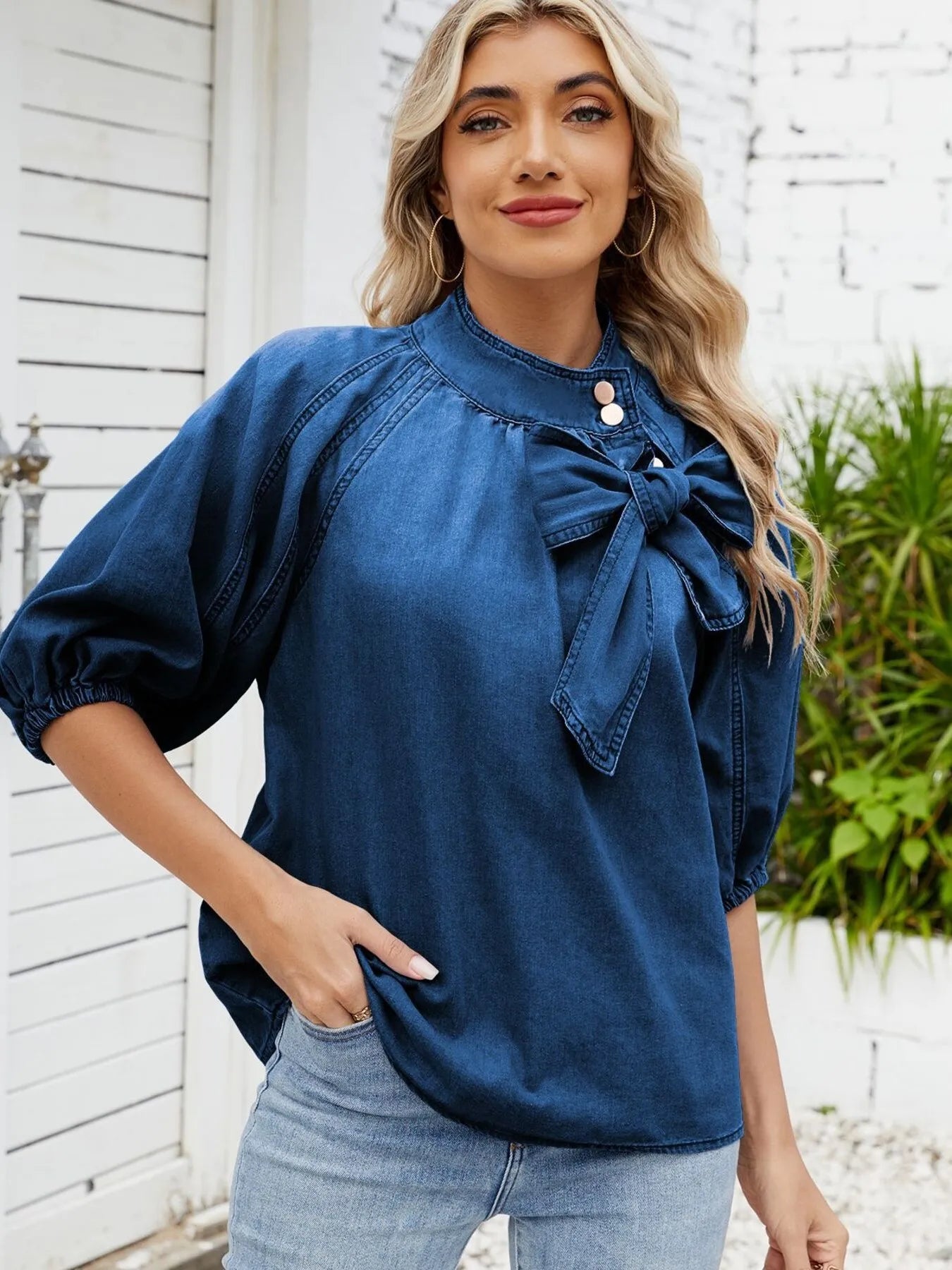 Denim Bow Tie Puff Sleeve Top
